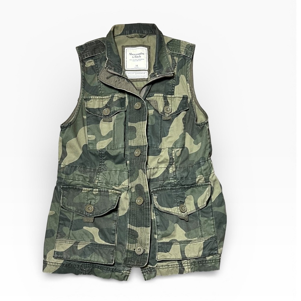 Abercrombie & Fitch Womens Camo Utility Vest Green Camo Full Zip Medium‎ Y2K A&F